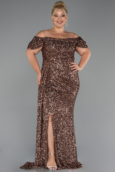 Abiyefon Bakır Kuyruklu Uzun Pul Payet Büyük Beden Abiye ABU5232