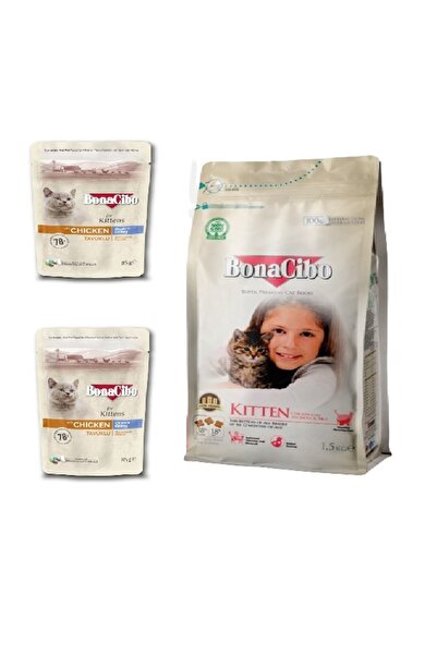 BonaCibo Yavru Kedi Paketi: Kitten Tavuklu 1,5kg + Soslu Tavuklu 2×85g Yaş Mama
