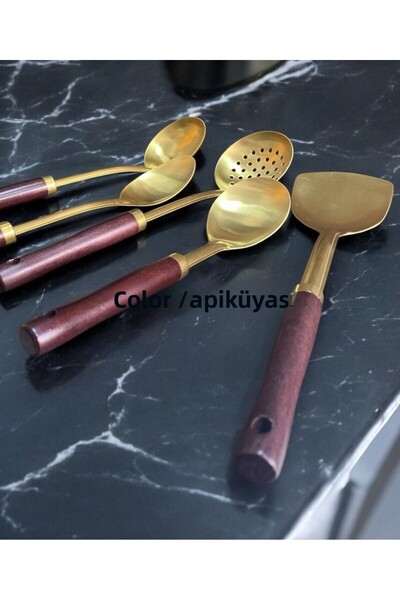 RENK YAPI RÜYASI 5-Piece Gold Stainless Steel Serving Set Steel Presentation Set Serving Set (Spoon, Strainer, Spoon, Spatula)