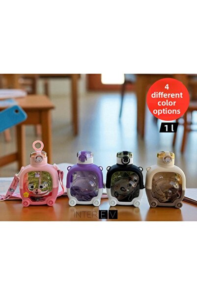 INTEREV 1 Square Water Bottle with Teddy Bear Figure - Water Bottle 1 Liter