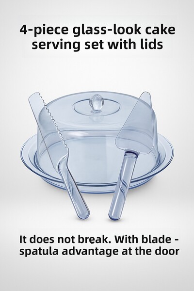 Mustran 4-Piece Glass-Look Cake Serving Set – Unbreakable Acrylic, with Knife and Spatula