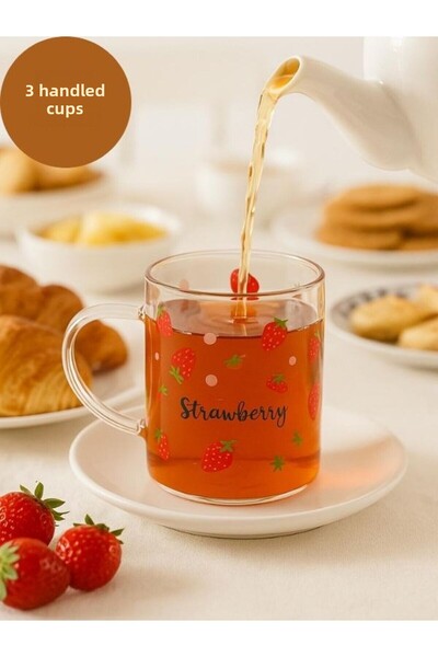 isra kristal Colorful Strawberry Pattern Glass Cup with Handle Set of 3 - Clear Glass Set for Tea, Coffee, and Cold Drinks