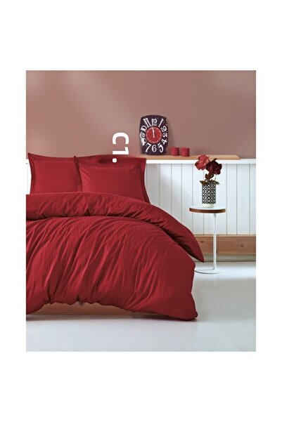 Cotton Box طقم غطاء لحاف مزدوج مخطط أنيق من الساتان باللون الأحمر الداكن