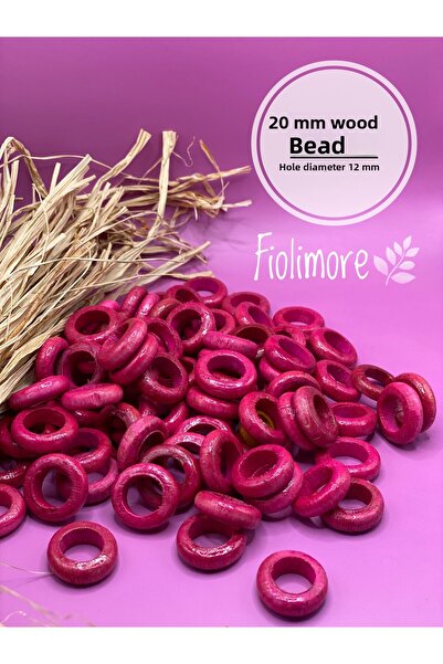 Fiolimore 20 ملم خرز خشبي مسطح وردي فوشيا (50 جرام 65 قطعة) قطر الفتحة 12 ملم...