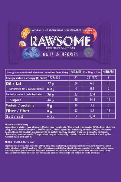 Rawsome مكسرات نباتية خالية من الغلوتين مع فاكهة الغابة - 40 جم × 16 قطعة