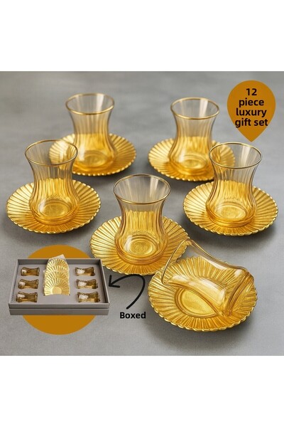CHANCE GİFT 12 Piece Luxury Tea Cup Set with Metal Base, Boxed Dowry Gift, Go...