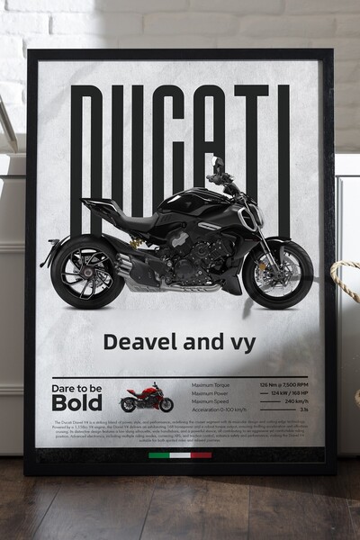 Duvarda Αφίσα Ducati Diavel V4 με μαύρο ξύλινο πλαίσιο, διακοσμητικός πίνακας...