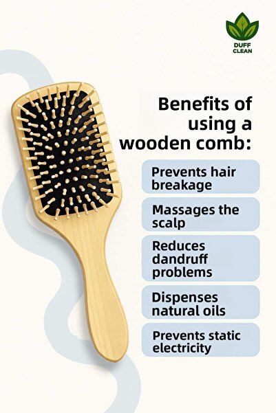 DUFF CLEAN فرشاة شعر خشبية بطرف من الخيزران الأسود، مشط خشبي