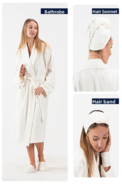 Ender Home Cottonverse 3-Piece Bathrobe Set - 100% Cotton Bathrobe, Hair Cap, Headband Unisex