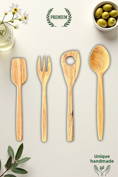 Ulgenex 4-Piece Olive Wood Utensil Set, Spatula, Spoon, Fork – Natural Handmade Wood