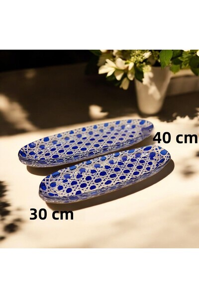 AYZ HOME Set of 2 Cut Crystal Glass Blue Boat Plate Serving Presentation Plate