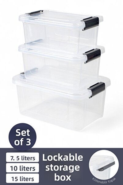 İronika 3-Pack Storage Container Horizontal Rectangular with Locking Lid Multi-Purpose Toy Storage Box 7.5-10-15 Liters