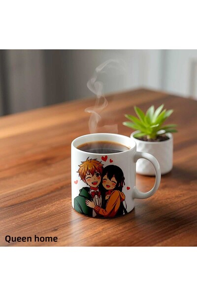 QueenHome كوب أبيض بتصميم أنيمي كاواي مزدوج، كوب هدية برسومات شخصيات كرتونية ...