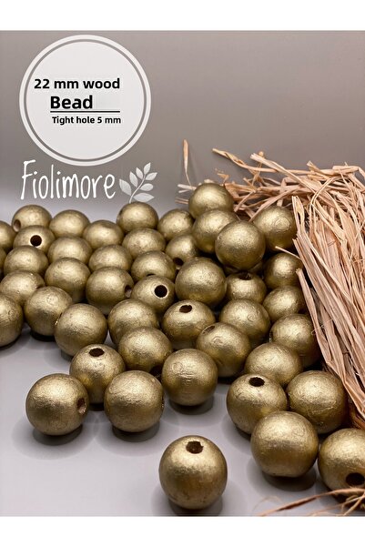 Fiolimore خرز خشبي أصفر ذهبي 22 ملم (50 جرام 15 قطعة) قطر الفتحة الضيقة 5 ملم...