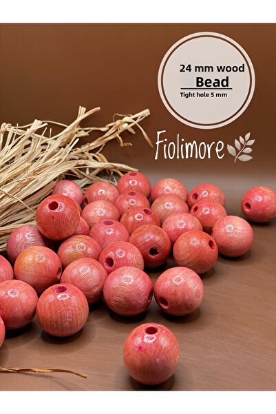 Fiolimore 24 ملم خرز خشبي وردي (50 جرام 11 قطعة) قطر الفتحة الضيقة 5 ملم حقيب...