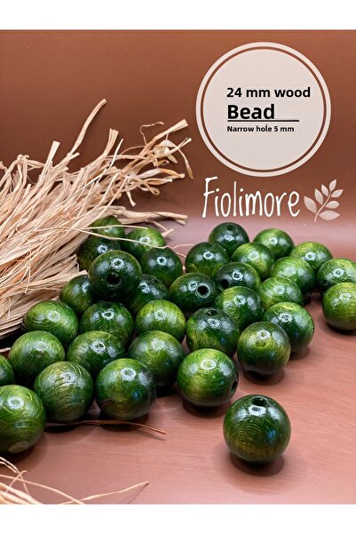 Fiolimore 24 ملم خرز خشبي أخضر كاكي (50 جرام 11 قطعة) قطر الفتحة الضيقة 5 ملم...