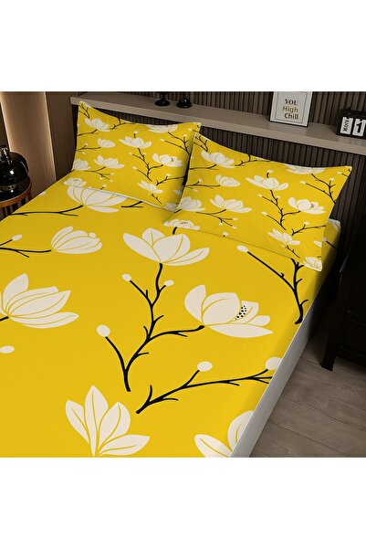 Else Dekor طقم ملاءات سرير مزدوجة مرنة بنمط زهور بيضاء وصفراء مع غطاء وسادة 160×200 سم