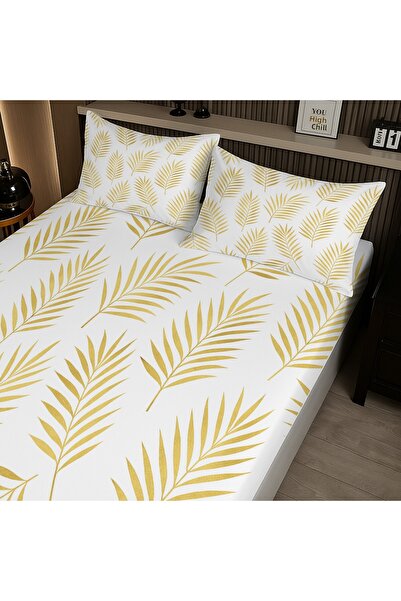 Else Dekor طقم ملاءات سرير مزدوجة مرنة بنمط أوراق النخيل الذهبية مع غطاء وسادة 160×200 سم