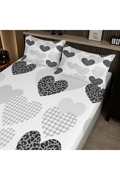 Else Dekor Gray Black Hearts Patterned Elastic Double Bed Sheet Set with Pillowcases 160X200Cm