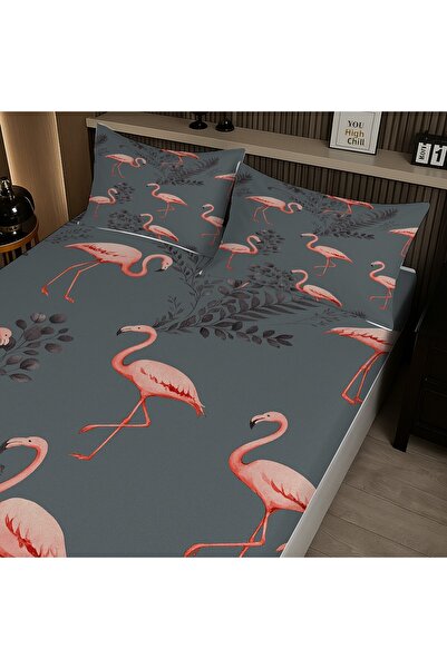 Else Dekor طقم ملاءات سرير مزدوجة مرنة منقوشة باللون الرمادي الفلامنغو الوردي مع غطاء وسادة مقاس 160 × 200 سم