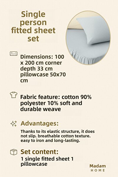 Madame Home 100*200 Single Fitted Sheet Set 50*70 Pillowcase 90% Cotton Fabric