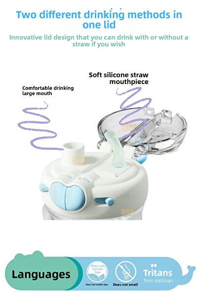 DILLER 580ml New Collection Cute Animals Fancy Tritan Kids Water Bottle With/Without Straw with Neck Strap