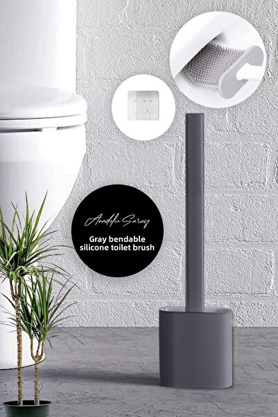 Anadolu Saray Self-Adhesive Grey Color Silicone Toilet Brush | Bendable Practical Silicone Wc Toilet Brush