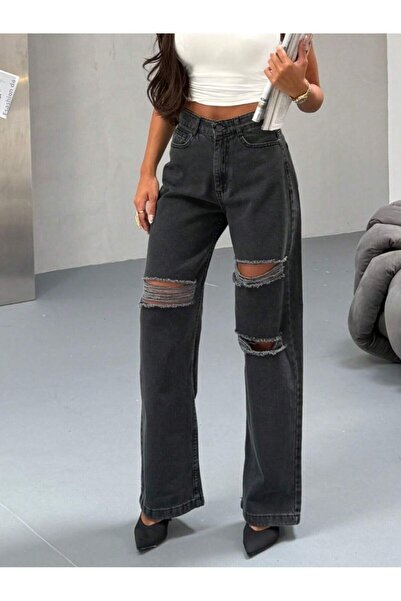 SHEVEGA Women's Smoked Double Knee Laser Ripped High Waist Loose Leg Jeans Pants