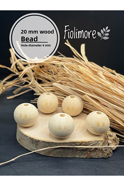 Fiolimore خرز خشبي دائري بوجه مبتسم 20 مم (5 قطع) إكسسوار سلسلة مفاتيح أو لها...