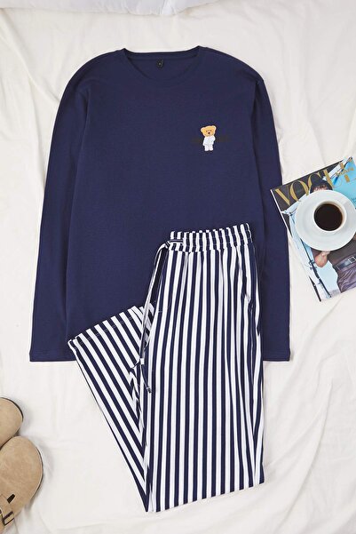 Trendyol Collection Navy Blue Regular Striped Couple/Double Knitted Pajama Set Tmnaw25Pt00049