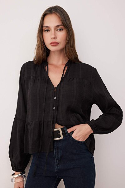 Trendyol Collection Black Cotton Textured Lace on Sleeve Regular Fit Boho Woven Shirt Twoss25Go00038