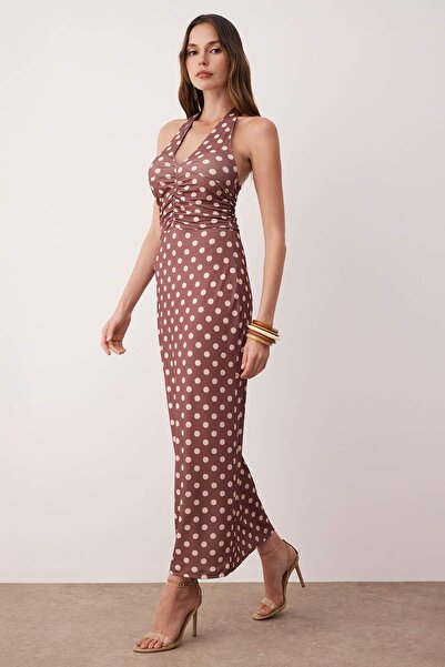 Trendyol Collection Brown Polka Dot Maxi Knitted Dress Twoss25El00096