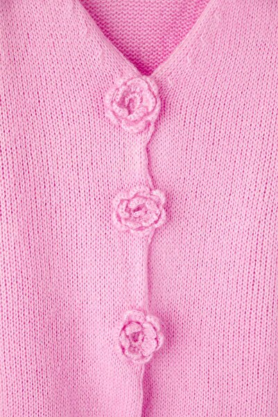 Trendyol Curve Pink Flower Detailed Knitwear Cardigan Tbbaw26Av00020