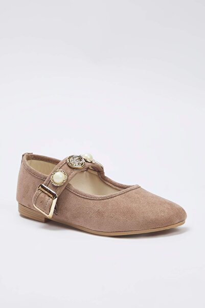 TRENDYOL SHOES Beige Suede Buckle Detail Round Toe Tweed Mary Jane Women's Ballet Flats Takss25Be00011