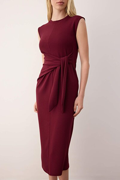 Trendyol Collection Bordó fűzős részletes A-vonalú egyenes midi rugalmas kötött ruha TWOSS25EL00926