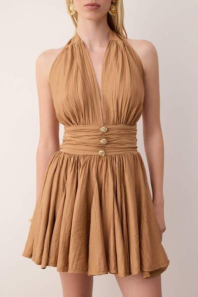 Trendyol Collection Brown Waist Opening/Skater Fall Detail Chiffon Short/Mini Dress Tprss25El00319