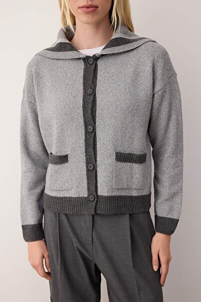 Trendyol Collection Gray Color Block Turn-Down Collar Knitwear Cardigan Twoaw26Hi00256