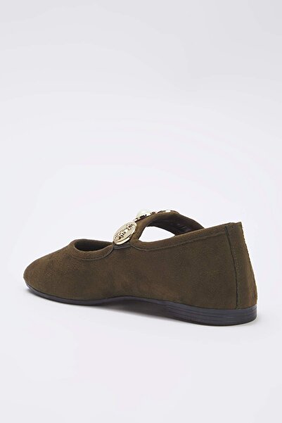 TRENDYOL SHOES Khaki Suede Buckle Detail Round Toe Tweed Mary Jane Women's Ballet Flats Takss25Be00011