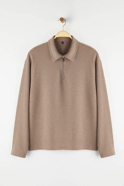 Trendyol Collection Stein Oversize/Großer Schnitt Strukturiertes Langarm-Polohemden T-Shirt TMNAW26PO00000