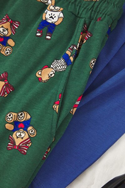 Trendyol Collection Indigo -Emerald Green Regular Fit Teddy Bear Printed Knitted Pajamas Set Tmnaw25Pt00044