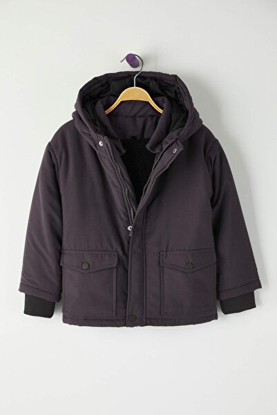 TRENDYOLKIDS Anthracite Plain Hooded Regular Boy's Coat Tkdaw26Mo00012