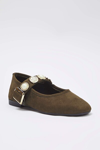 TRENDYOL SHOES Khakifarbene Wildleder-Ballerinas mit Schnallendetail und runder Zehenpartie aus Tweed für Damen TAKSS25BE00011