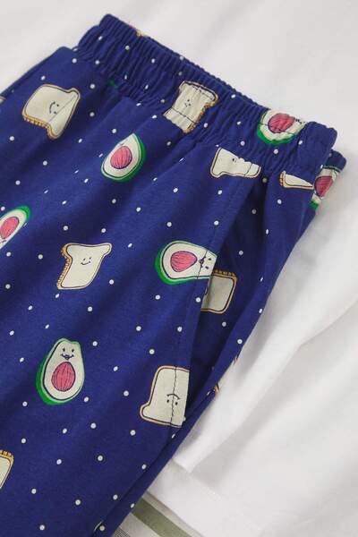 Trendyol Collection Ecru - Indigo Regular Fit Avocado Printed 100% Cotton Knitted Pajama Set
