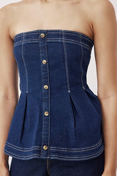 Trendyol Collection Bluză din denim cu cusături fără bretele albastru închis TWOAW26BZ00181