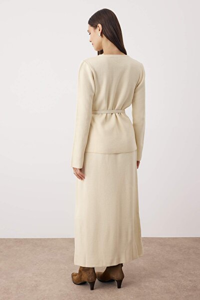 Trendyol Modest Ecru bőr masnis öv kiegészítőkkel kötöttáru alsó - felső szoknya szett TCTAW26US00018