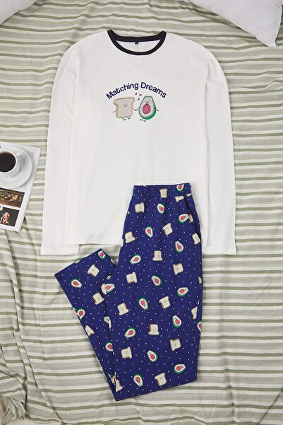 Trendyol Collection Ecru - Indigo Regular Fit Avocado Printed 100% Cotton Knitted Pajama Set