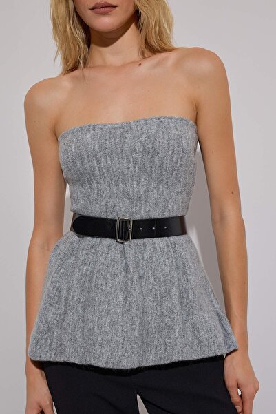 Trendyol Collection Πλεκτή μπλούζα με περιορισμένη έκδοση γκρι μαλακή υφή με ζώνη TWOAW26BZ00137