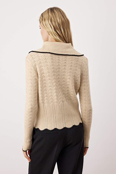 Trendyol Collection Stone Turn-Down Collar Pointelle Fitted Knitwear Cardigan Twoaw26Hi00073