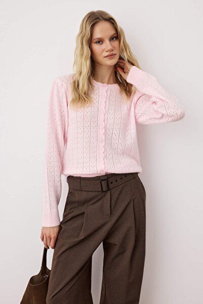 Trendyol Collection Light Pink Soft Textured Pointelle Knitwear Cardigan Twoaw26Hi00034