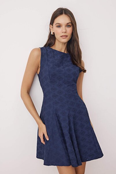 Trendyol Collection Navy Blue Skirt with Open Waist Brode Mini Woven Dress Twoss25El00884